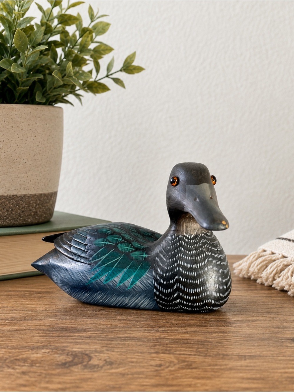 Hand-Painted Wooden Duck Decoy Figurine | Teal Blue & Black